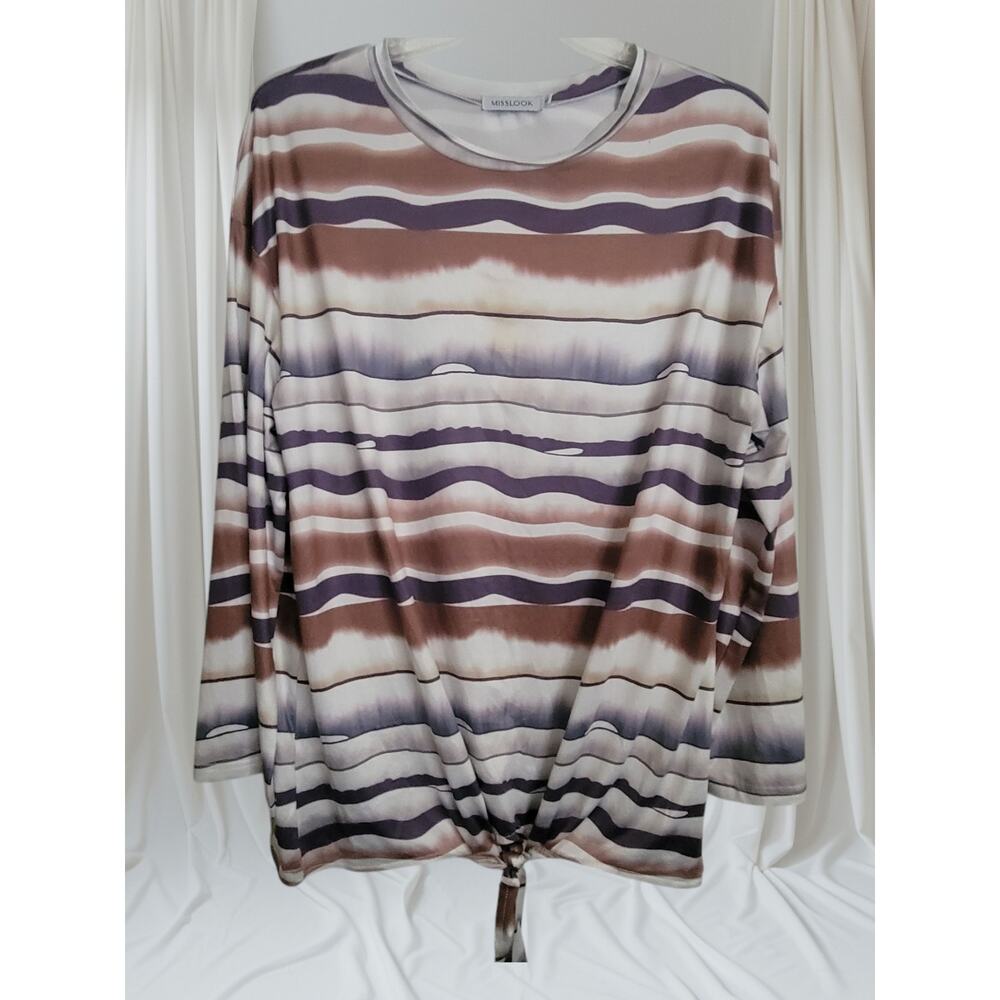 Misslook Women Blouse Size XL Long Sleeve Wave Pattern Tans Grey White Retro y2k
